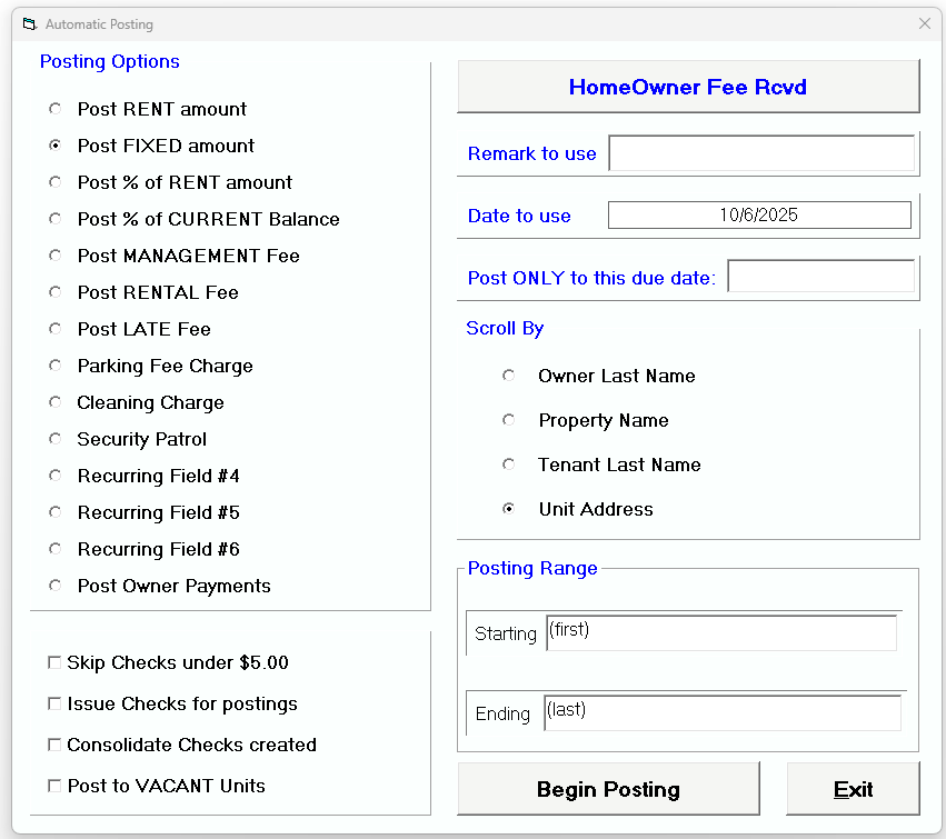 Tenant File Automatic Posting Screen 2