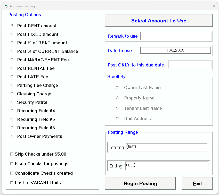 Tenant File Automatic Posting Screen