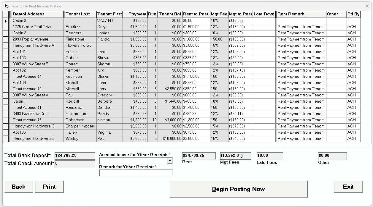 Tenant File Rent Income Posting