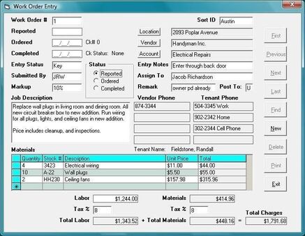 Tenant File Work Order Entry Form