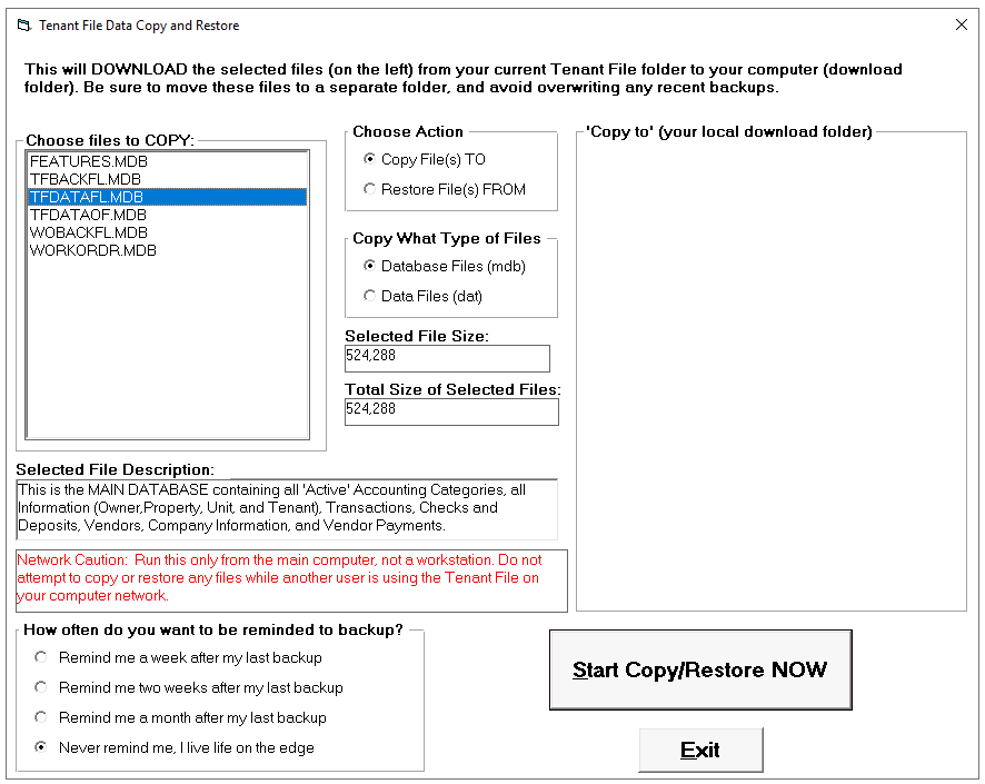 Tenant File Backup Screen