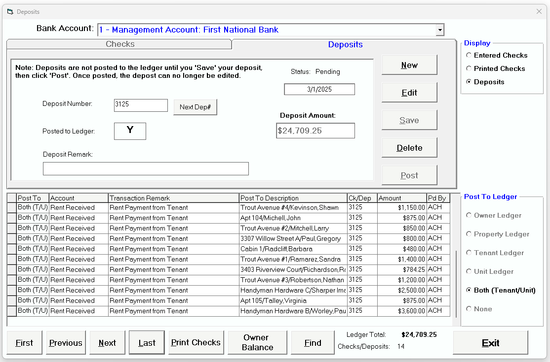 Tenant File Deposit Entry Screen