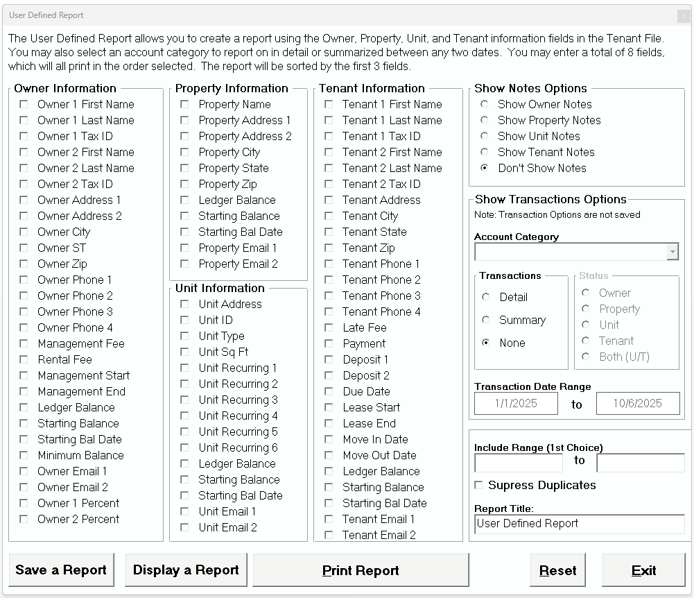 Tenant File User Defined Report
